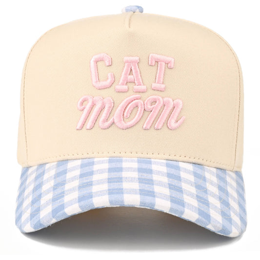 CAT MOM Blue Gingham Embroidered Trucker Hat