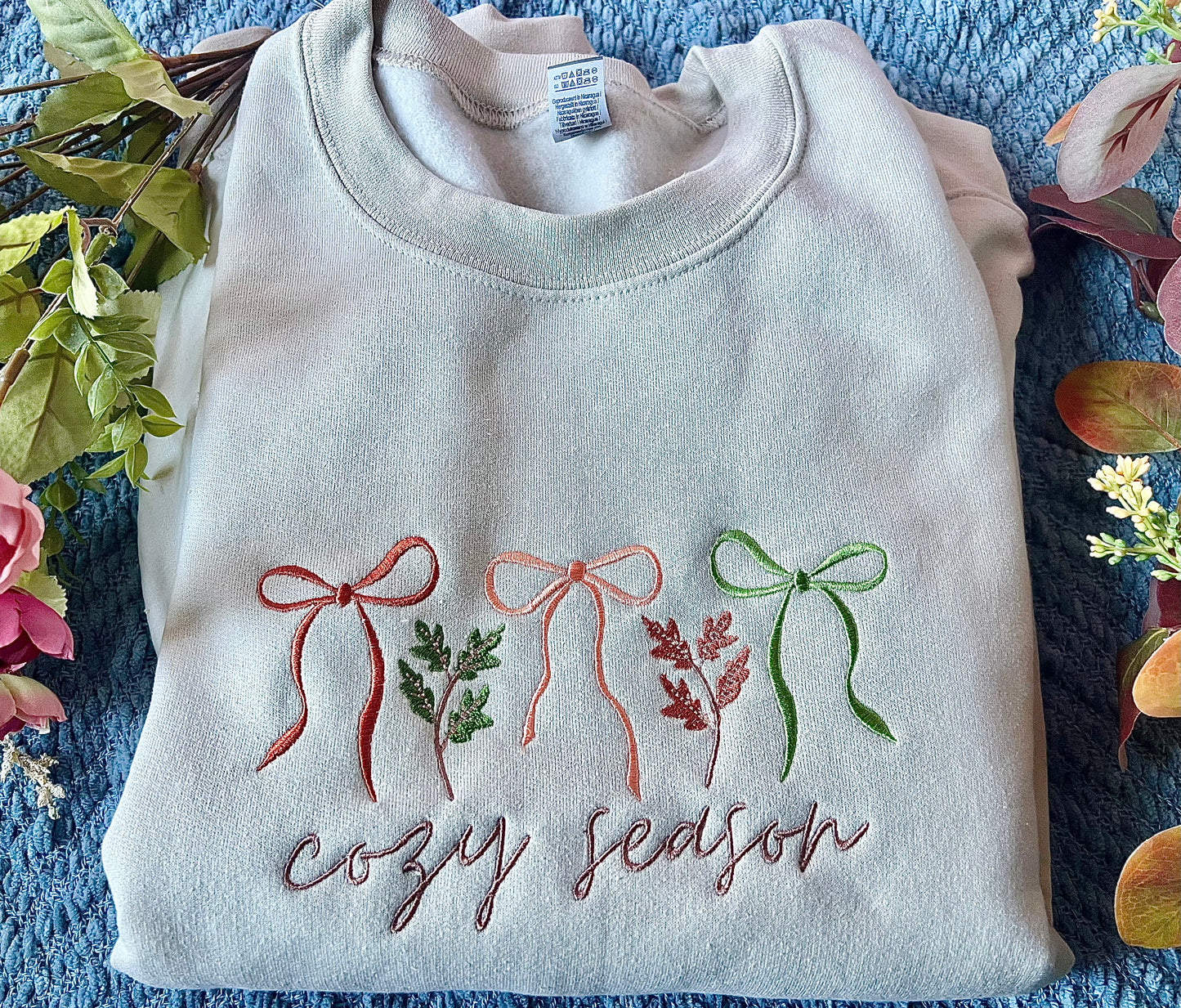 Cozy Season Fall Leaves Coquette Bows Autumn Embroidered Crewneck Sweatshirt