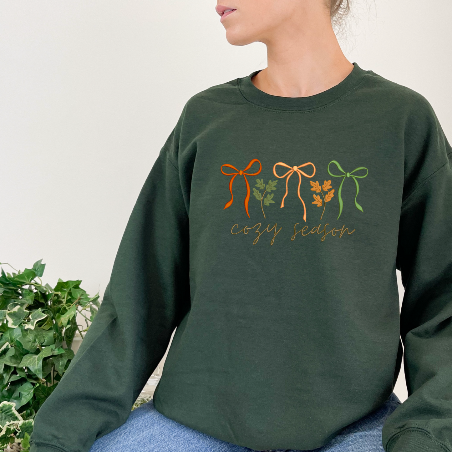 Cozy Season Fall Leaves Coquette Bows Autumn Embroidered Crewneck Sweatshirt