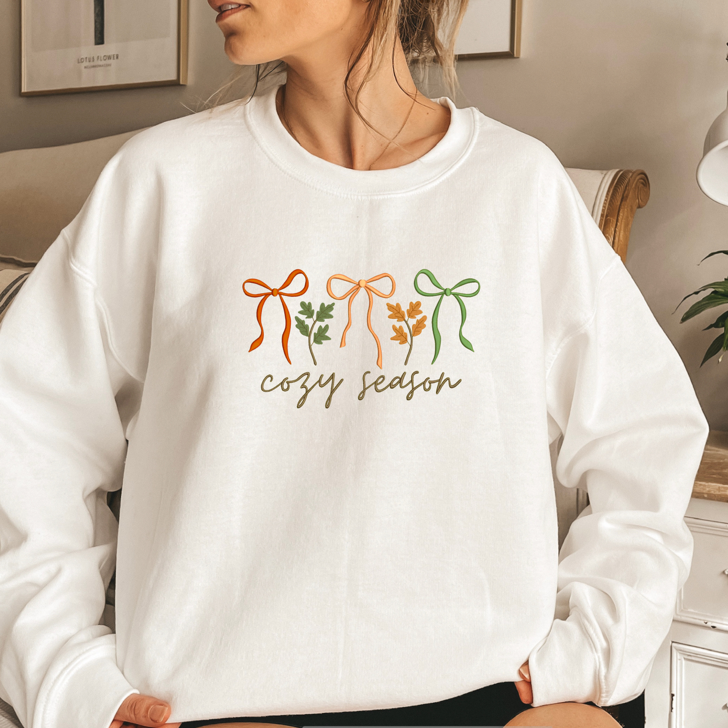 Cozy Season Fall Leaves Coquette Bows Autumn Embroidered Crewneck Sweatshirt