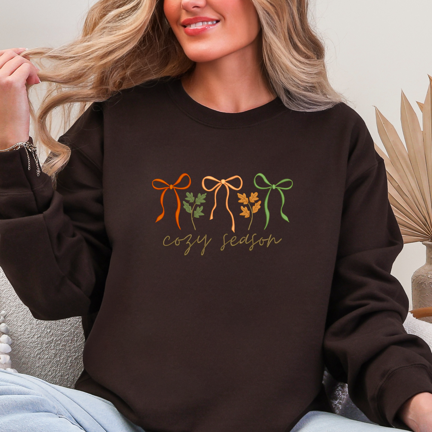 Cozy Season Fall Leaves Coquette Bows Autumn Embroidered Crewneck Sweatshirt