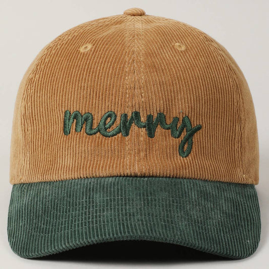 Merry Embroidered Two-Tone Corduroy Christmas Hat