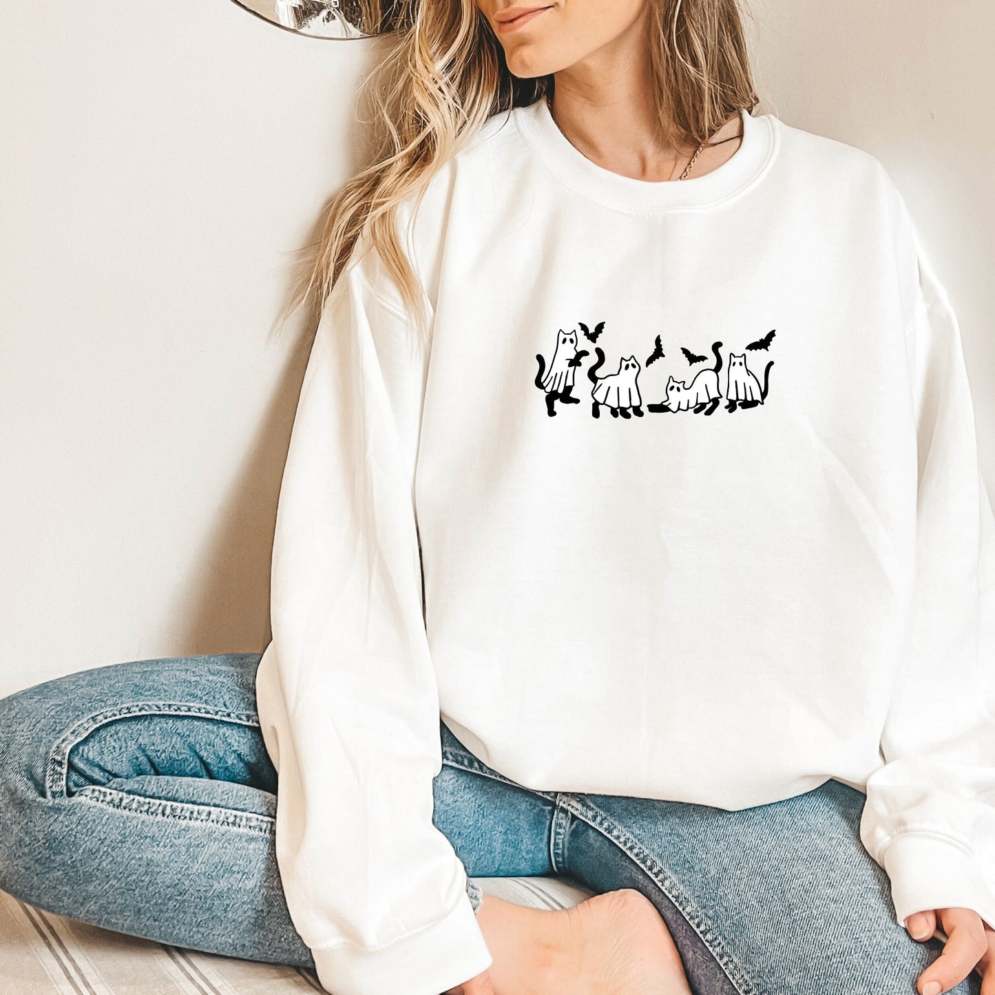 Halloween Spooky Ghost Cats & Bats Embroidered Sweatshirt