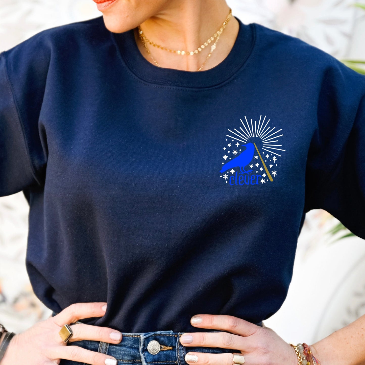 Clever Blue Raven Wizard House Crest Embroidered Crewneck Pullover Sweatshirt