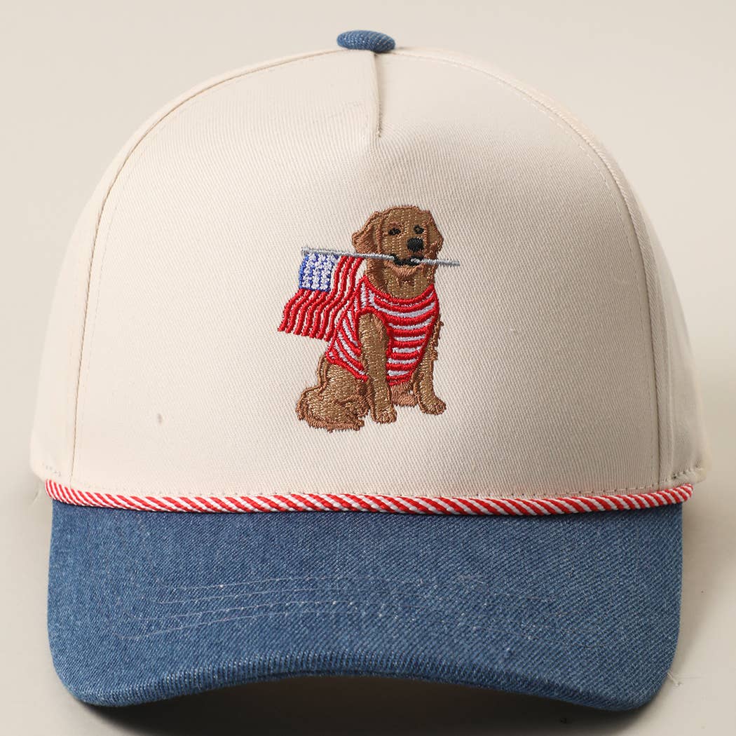 Golden Retriever American USA Flag Red White and Blue Denim Rope Trucker Hat