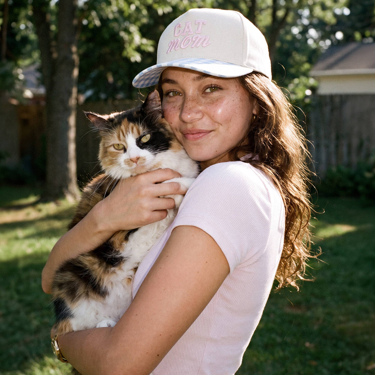C.C CAT MOM Letter Embroidered with Pattern Brim Trucker Hat