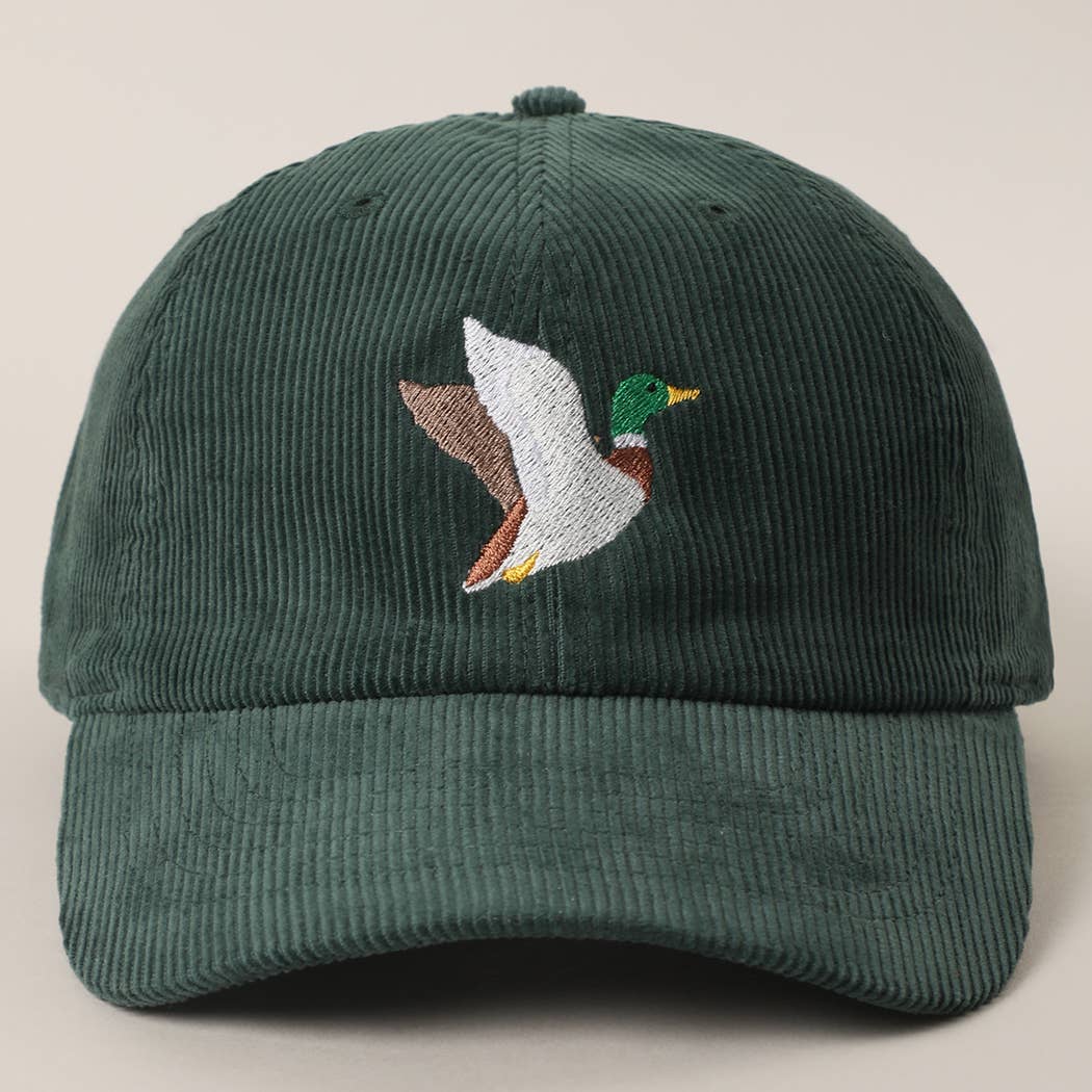 Flying Mallard Duck Embroidered Corduroy Baseball Cap