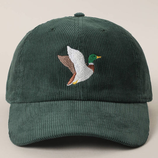 Flying Mallard Duck Embroidered Corduroy Baseball Cap