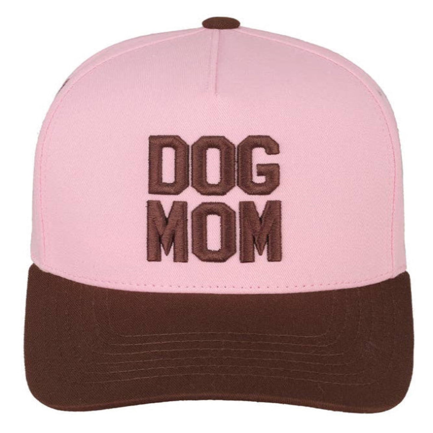Pink and brown cap with 'DOG MOM' text on a white background