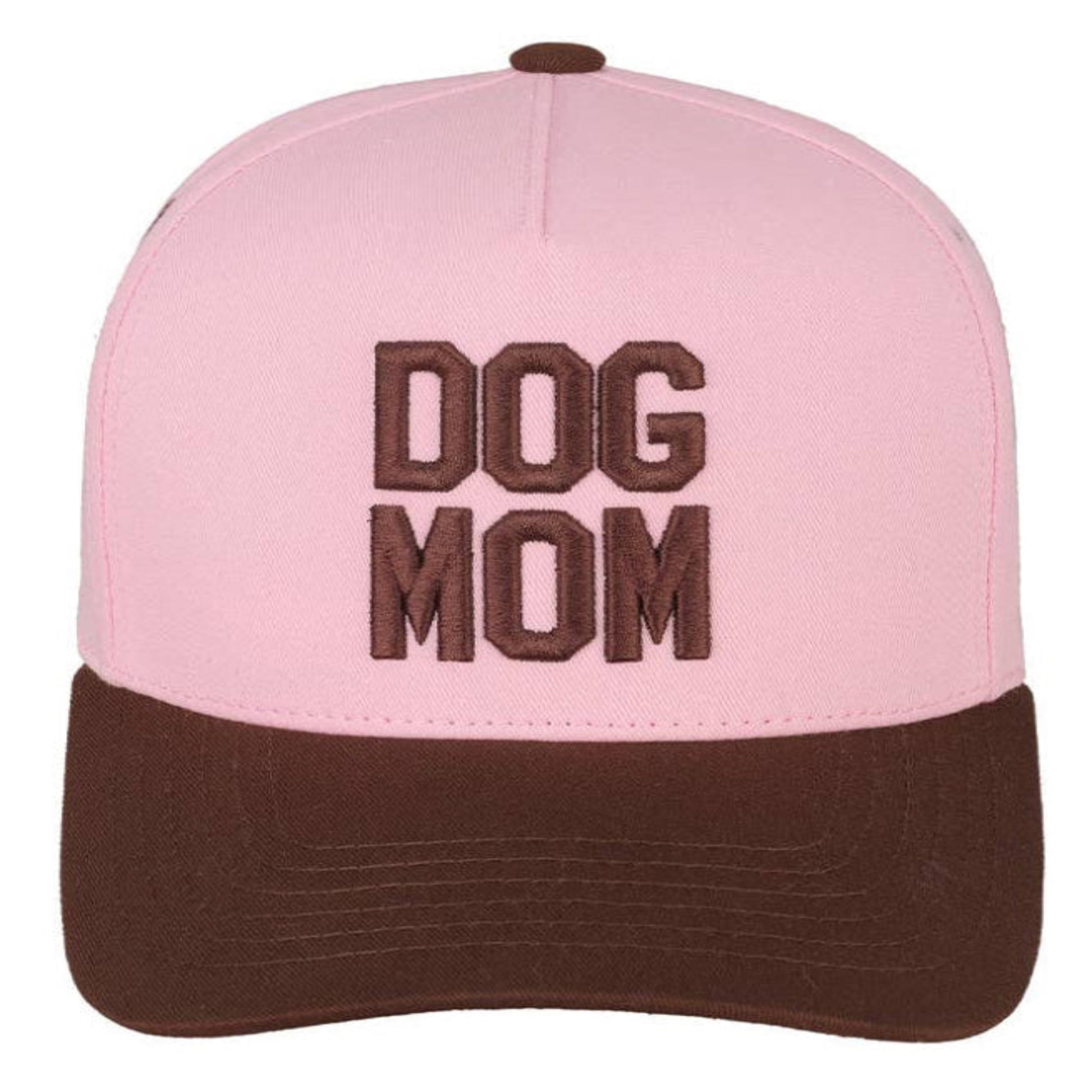 Pink and brown cap with 'DOG MOM' text on a white background