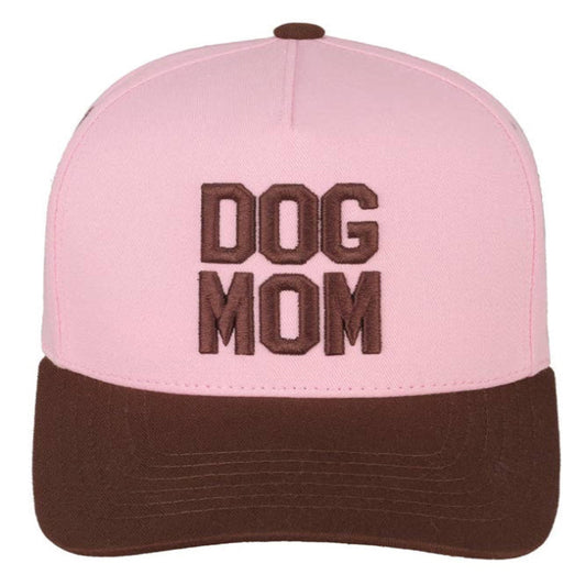 Pink and brown cap with 'DOG MOM' text on a white background
