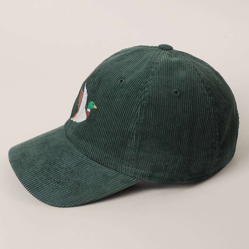Flying Mallard Duck Embroidered Corduroy Baseball Cap