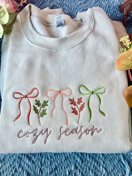Cozy Season Fall Leaves Coquette Bows Autumn Embroidered Crewneck Sweatshirt