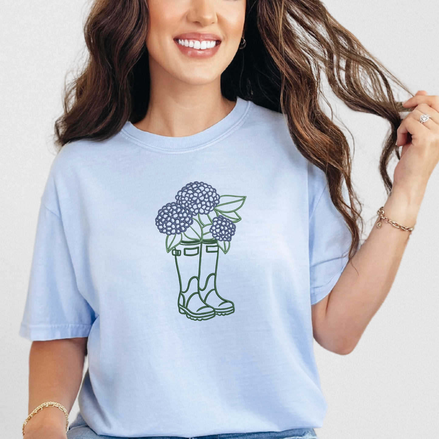 Hydrangea Rain Boots Embroidered Tshirt