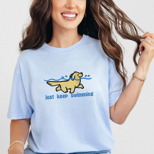 Just Keep Swimming Golden Retriever Embroidered Tshirt