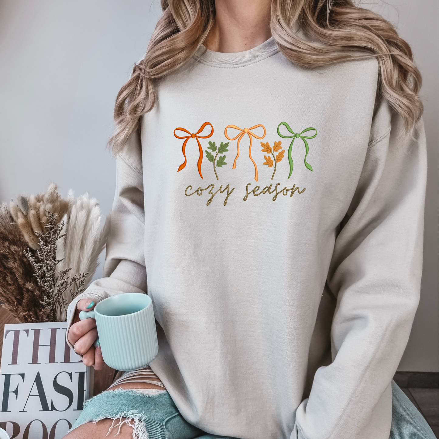 Cozy Season Fall Leaves Coquette Bows Autumn Embroidered Crewneck Sweatshirt