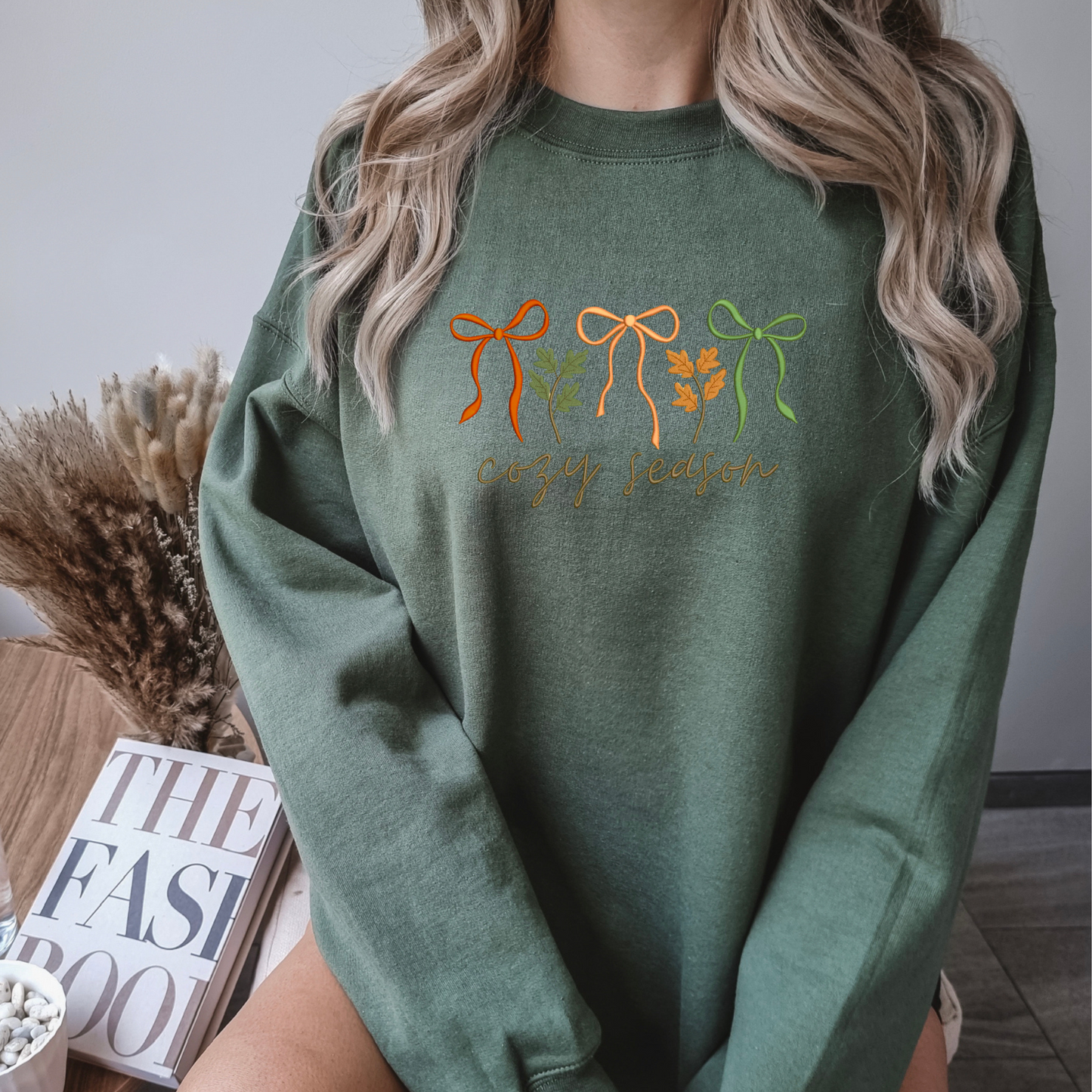 Cozy Season Fall Leaves Coquette Bows Autumn Embroidered Crewneck Sweatshirt