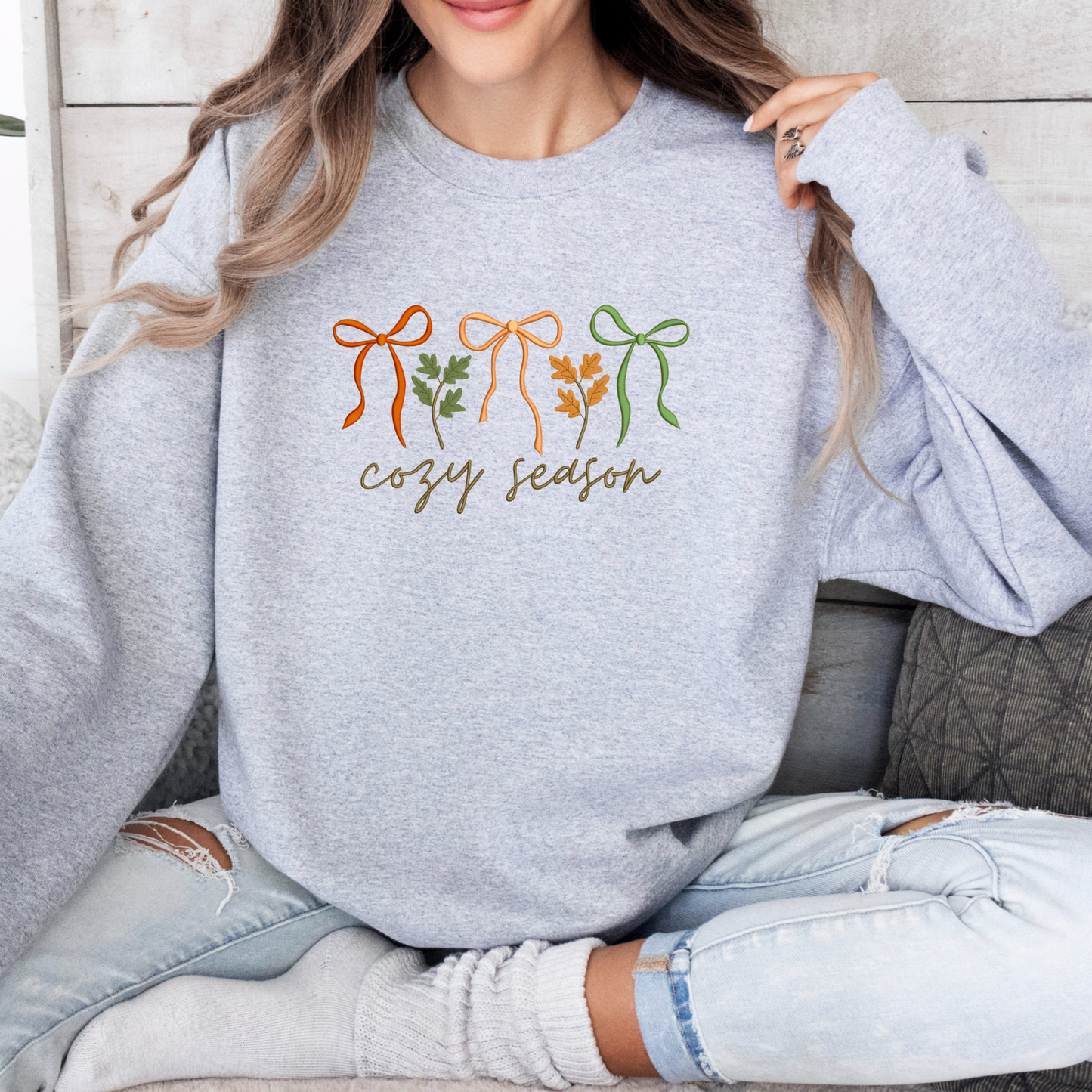 Cozy Season Fall Leaves Coquette Bows Autumn Embroidered Crewneck Sweatshirt