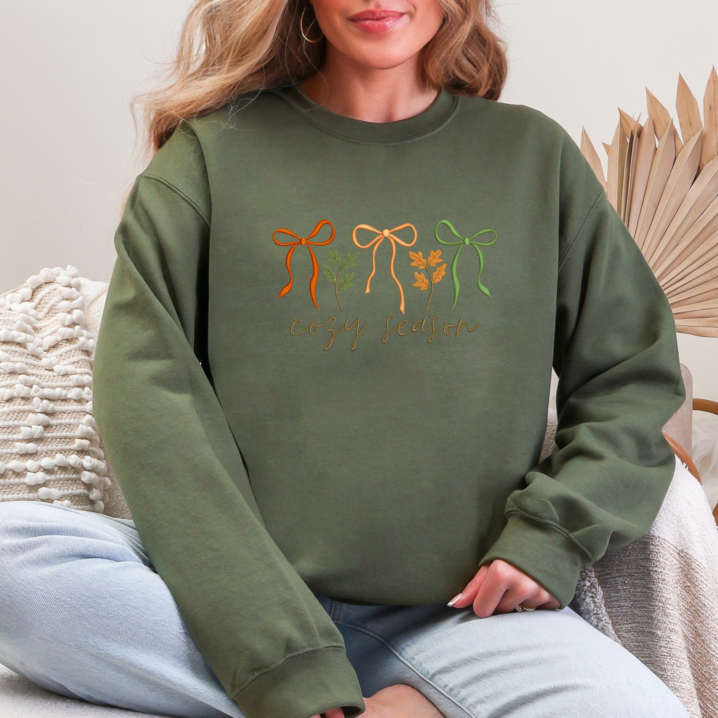 Cozy Season Fall Leaves Coquette Bows Autumn Embroidered Crewneck Sweatshirt