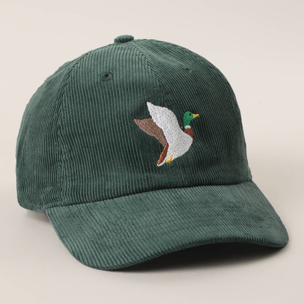 Flying Mallard Duck Embroidered Corduroy Baseball Cap