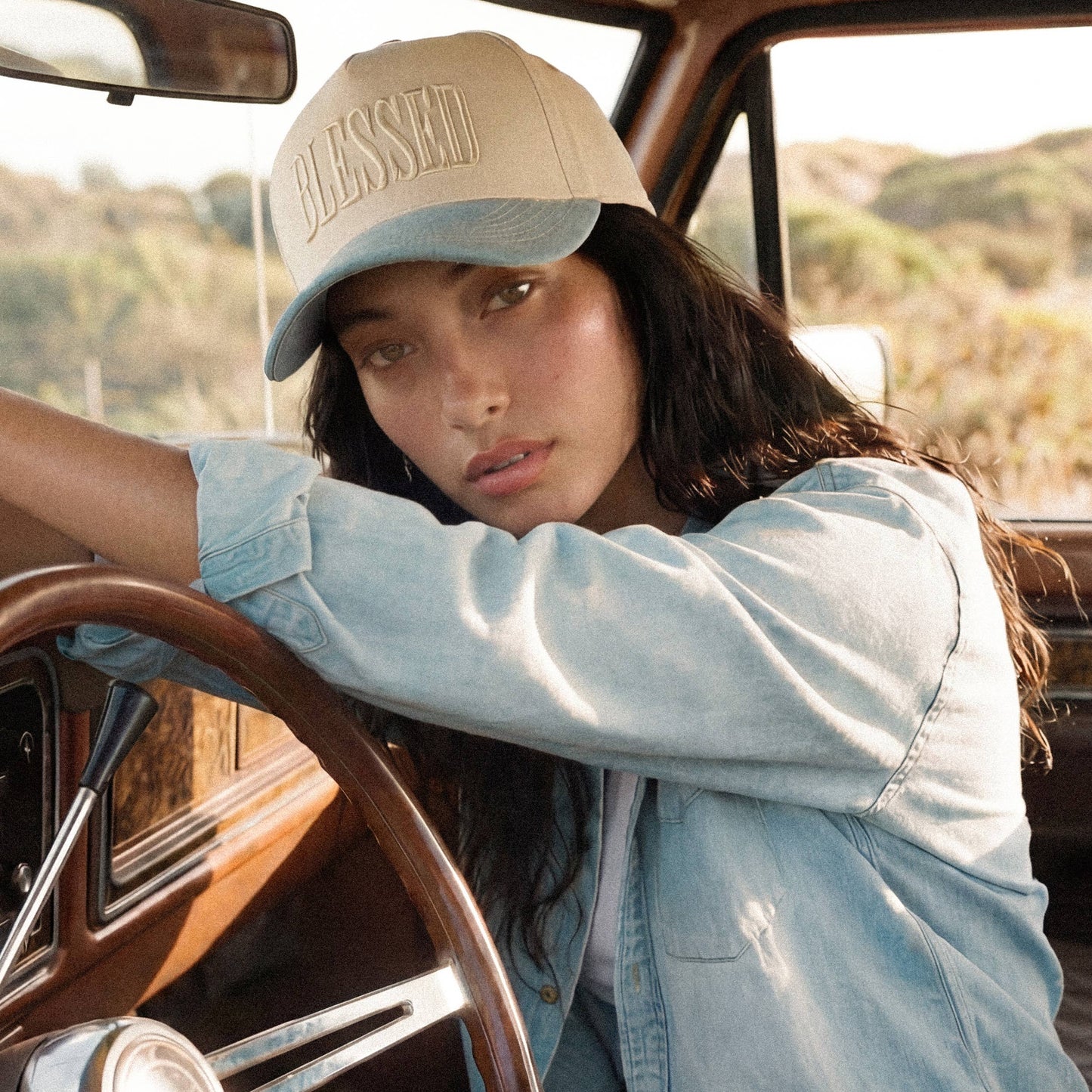BLESSED Embroidered Two Tone Denim Trucker Cap