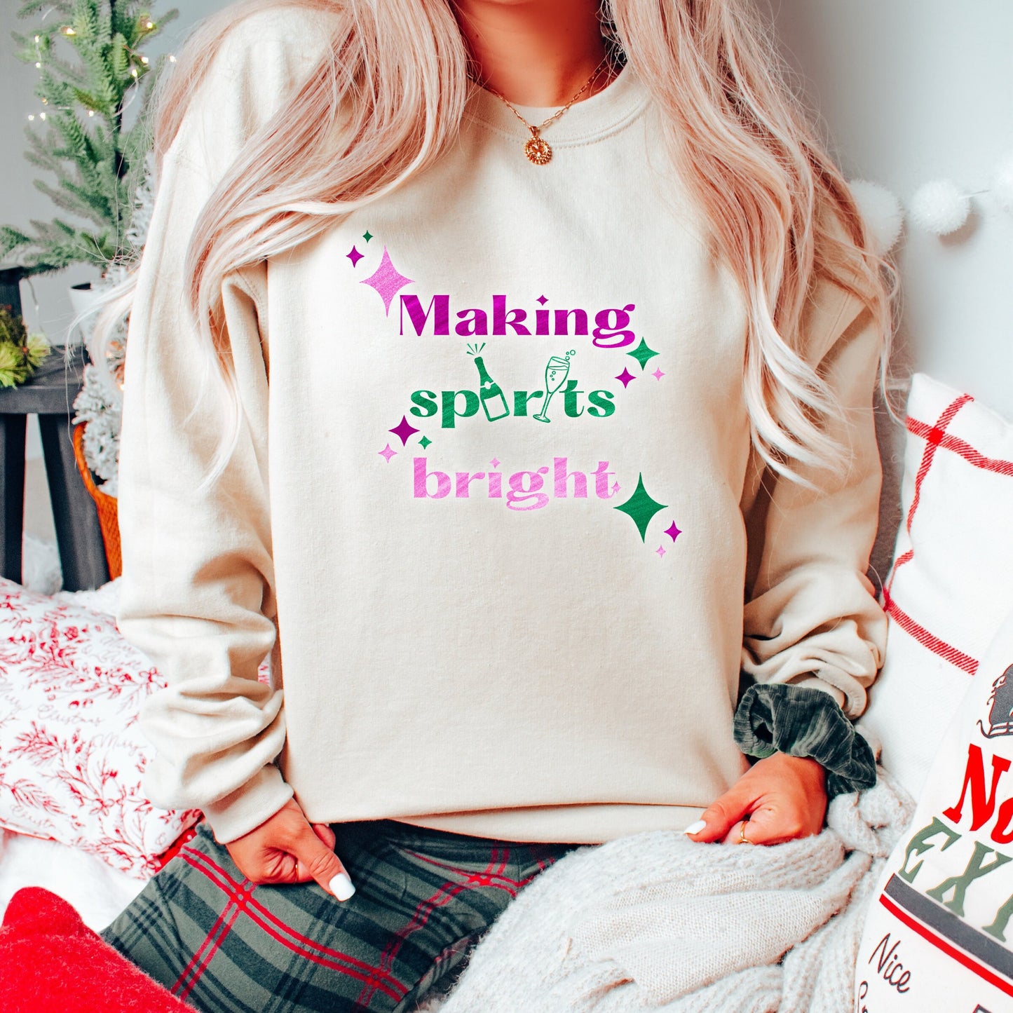 Making Spirits Bright Christmas Sweatshirt New Year’s Eve Sweatshirt Champagne Sweatshirt Emerald Green Glitter Pullover