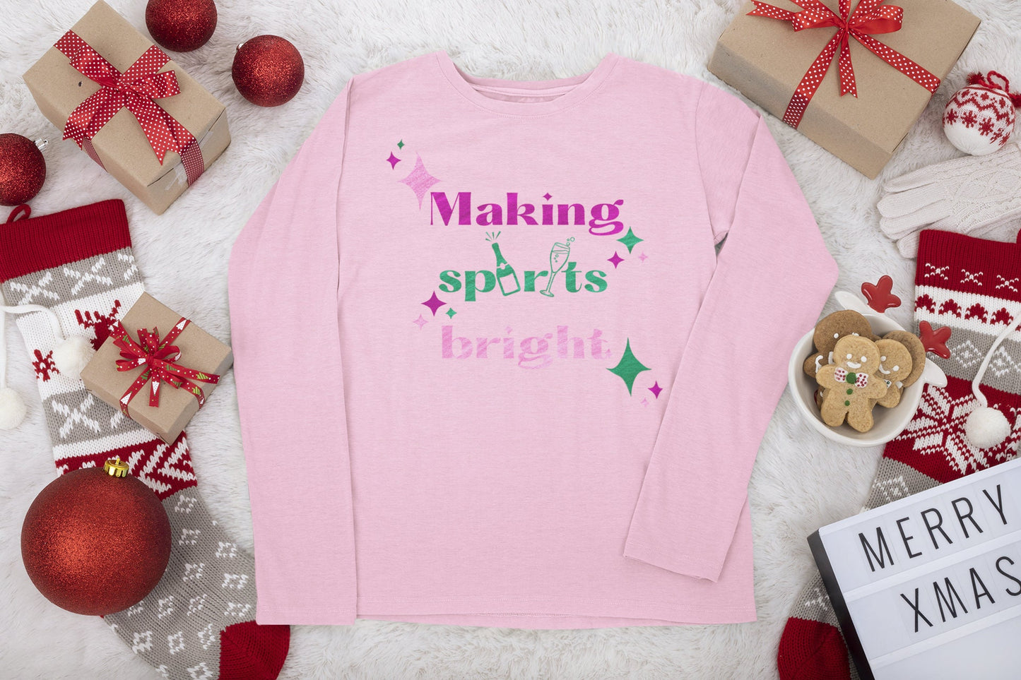 Making Spirits Bright Long Sleeve Christmas Shirt New Years Eve Shirt Champagne Bottle Shirt Holiday Drinking Shirt Emerald Green Glitter