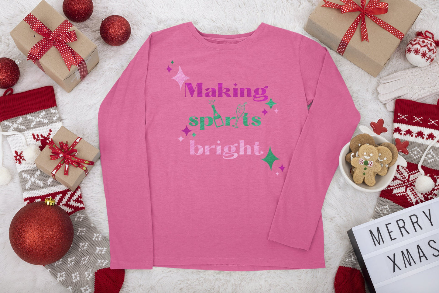 Making Spirits Bright Long Sleeve Christmas Shirt New Years Eve Shirt Champagne Bottle Shirt Holiday Drinking Shirt Emerald Green Glitter