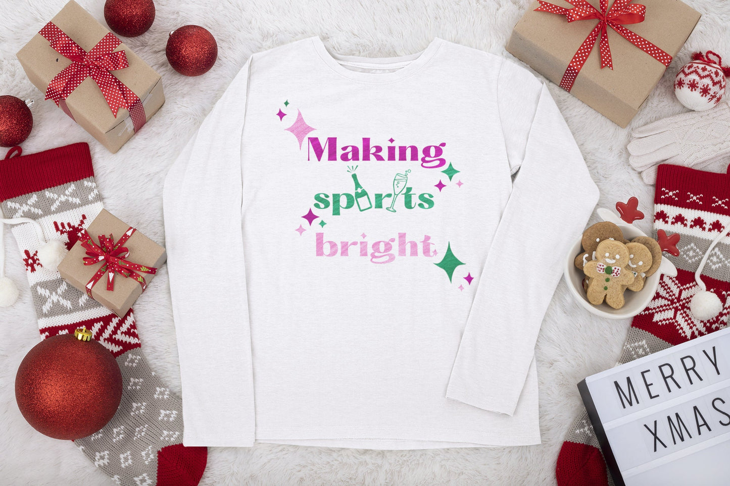 Making Spirits Bright Long Sleeve Christmas Shirt New Years Eve Shirt Champagne Bottle Shirt Holiday Drinking Shirt Emerald Green Glitter