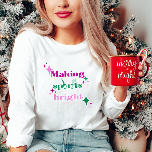 Making Spirits Bright Long Sleeve Christmas Shirt New Years Eve Shirt Champagne Bottle Shirt Holiday Drinking Shirt Emerald Green Glitter