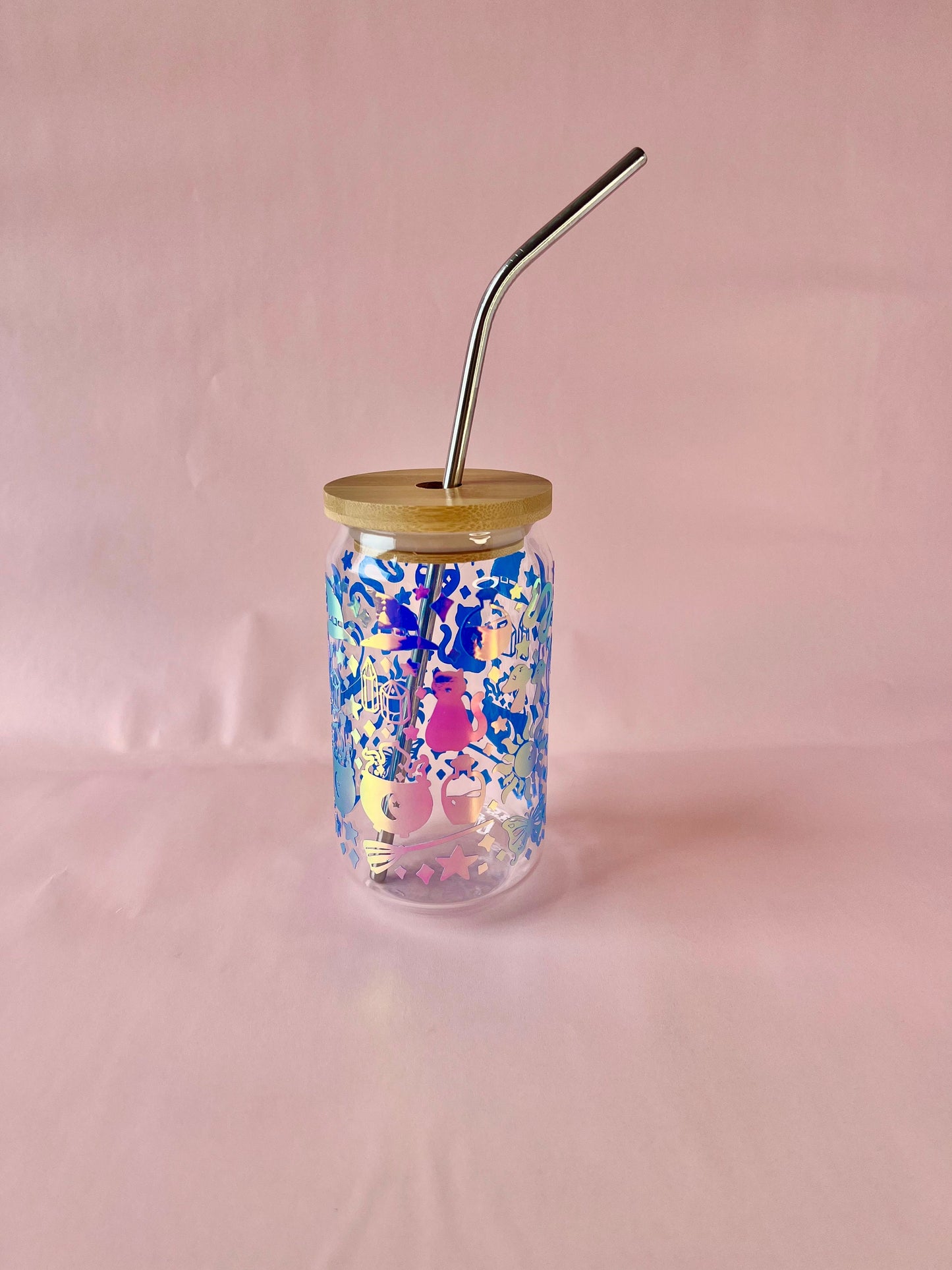 Witchy Glass Cup Holographic Beer Can Glass Includes Lid and Rainbow Metal Straw