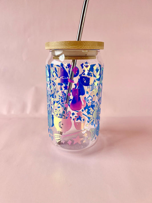 Witchy Glass Cup Holographic Beer Can Glass Includes Lid and Rainbow Metal Straw