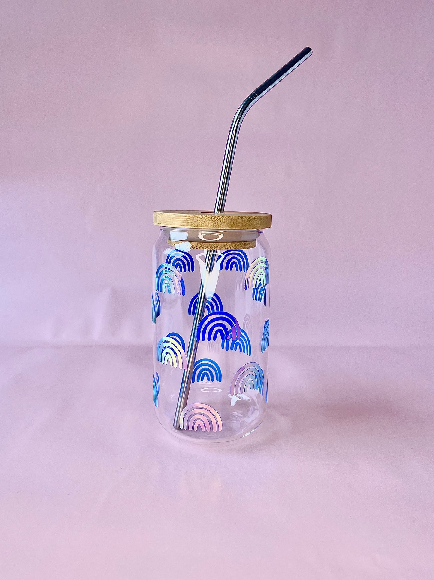 Rainbows Holographic Beer Can Glass Cup Trendy and Retro Iced Coffee Cup Includes Lid & Rainbow Metal Straw