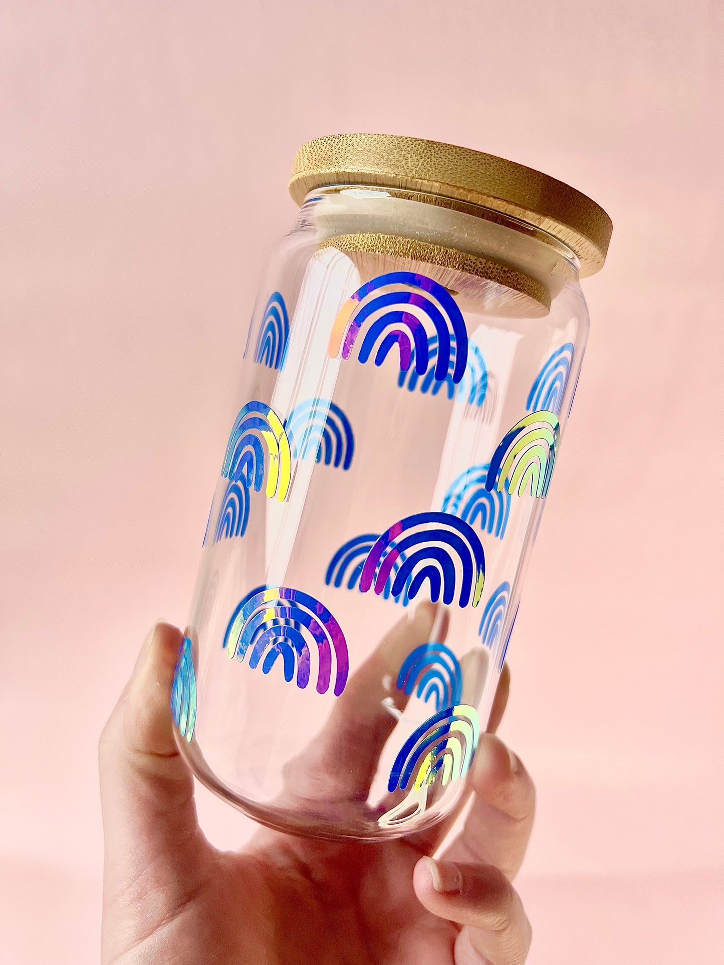 Rainbows Holographic Beer Can Glass Cup Trendy and Retro Iced Coffee Cup Includes Lid & Rainbow Metal Straw