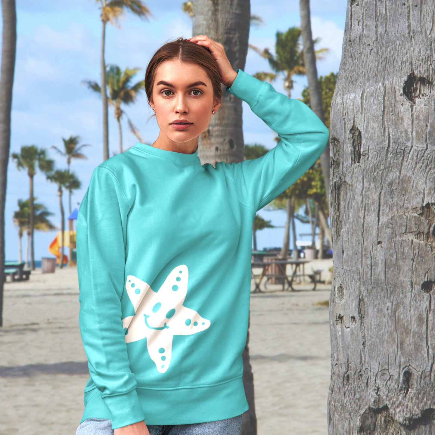 Smiley Face Starfish Beachy Boho Sweatshirt Trendy Summer Crewneck Oversized Pullover Sweatshirt