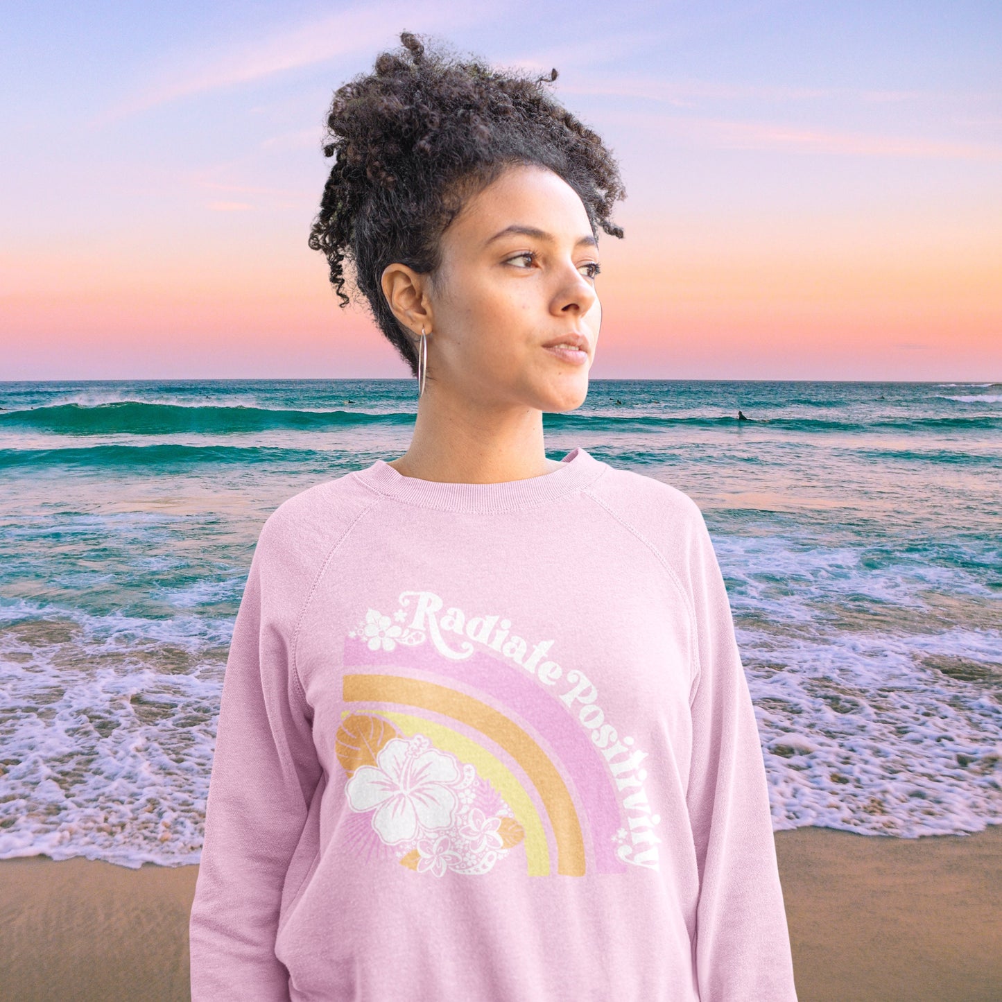 Radiate Positivity Pastel Rainbow Hibiscus Flower Sweatshirt Summer Girl Boho Beach Crewneck Pullover