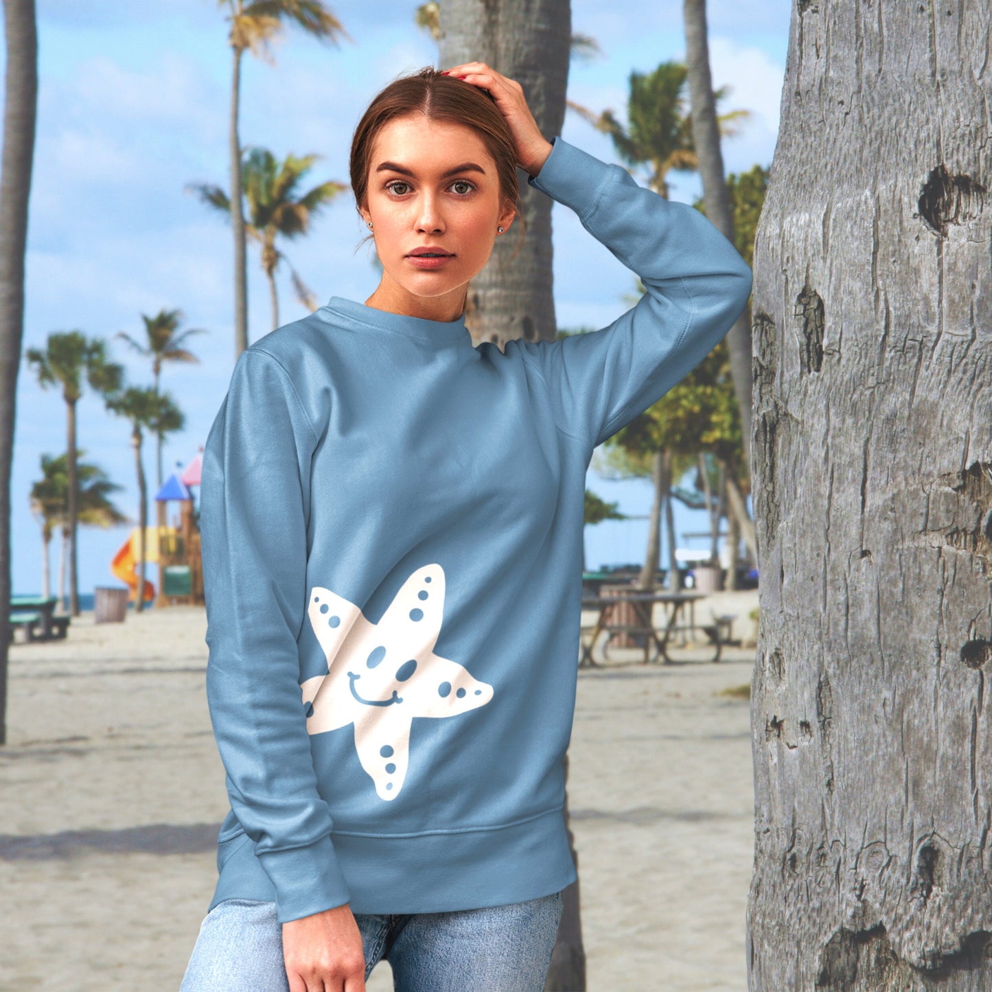 Smiley Face Starfish Beachy Boho Sweatshirt Trendy Summer Crewneck Oversized Pullover Sweatshirt