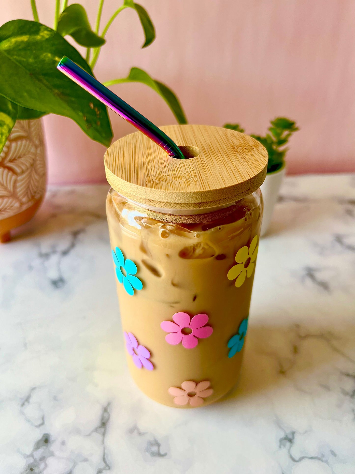 Rainbow Retro Daisy Glass Beer Can Cup Iced Coffee Cup with Lid & Rainbow Metal Straw