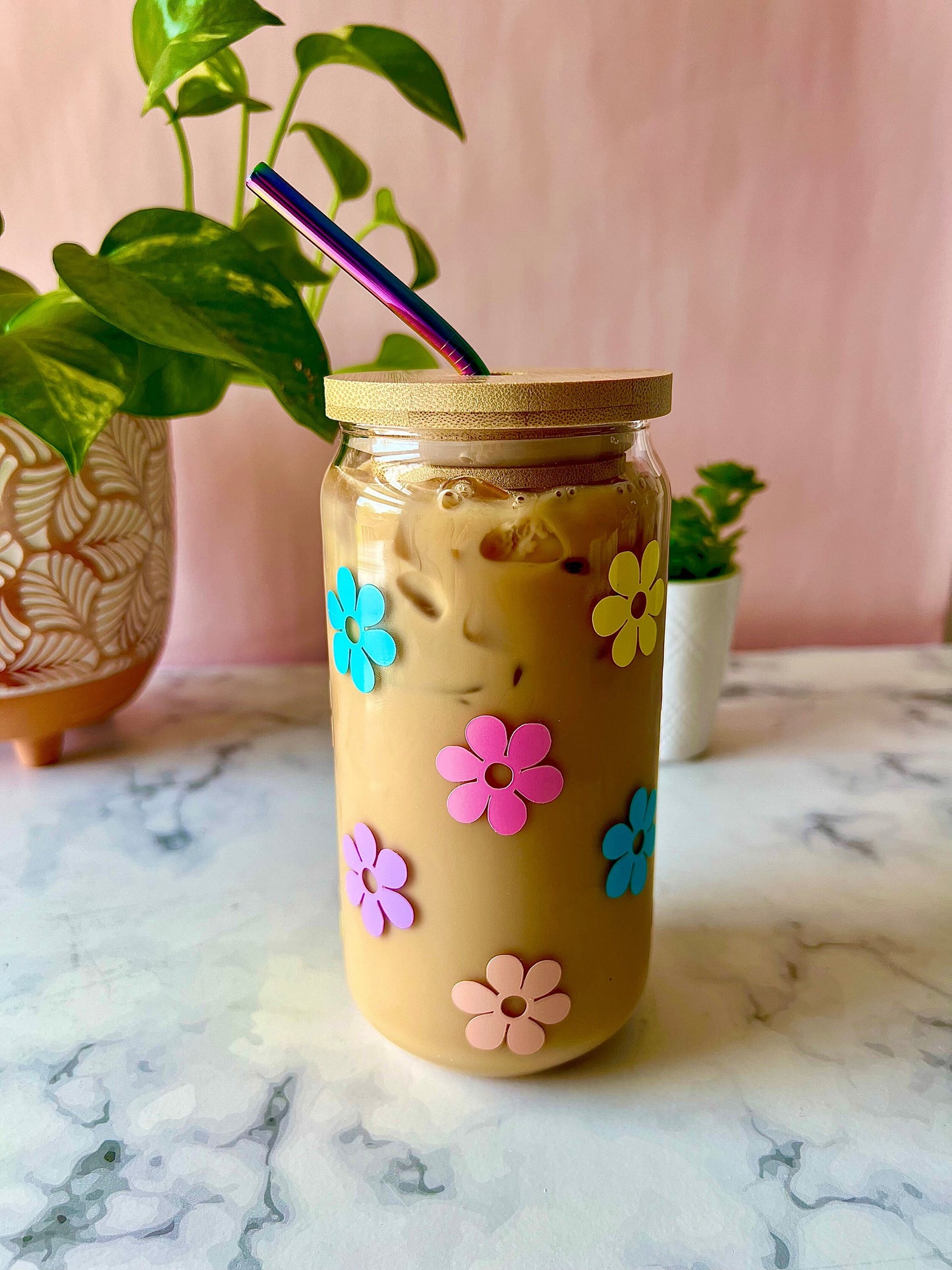 Rainbow Retro Daisy Glass Beer Can Cup Iced Coffee Cup with Lid & Rainbow Metal Straw