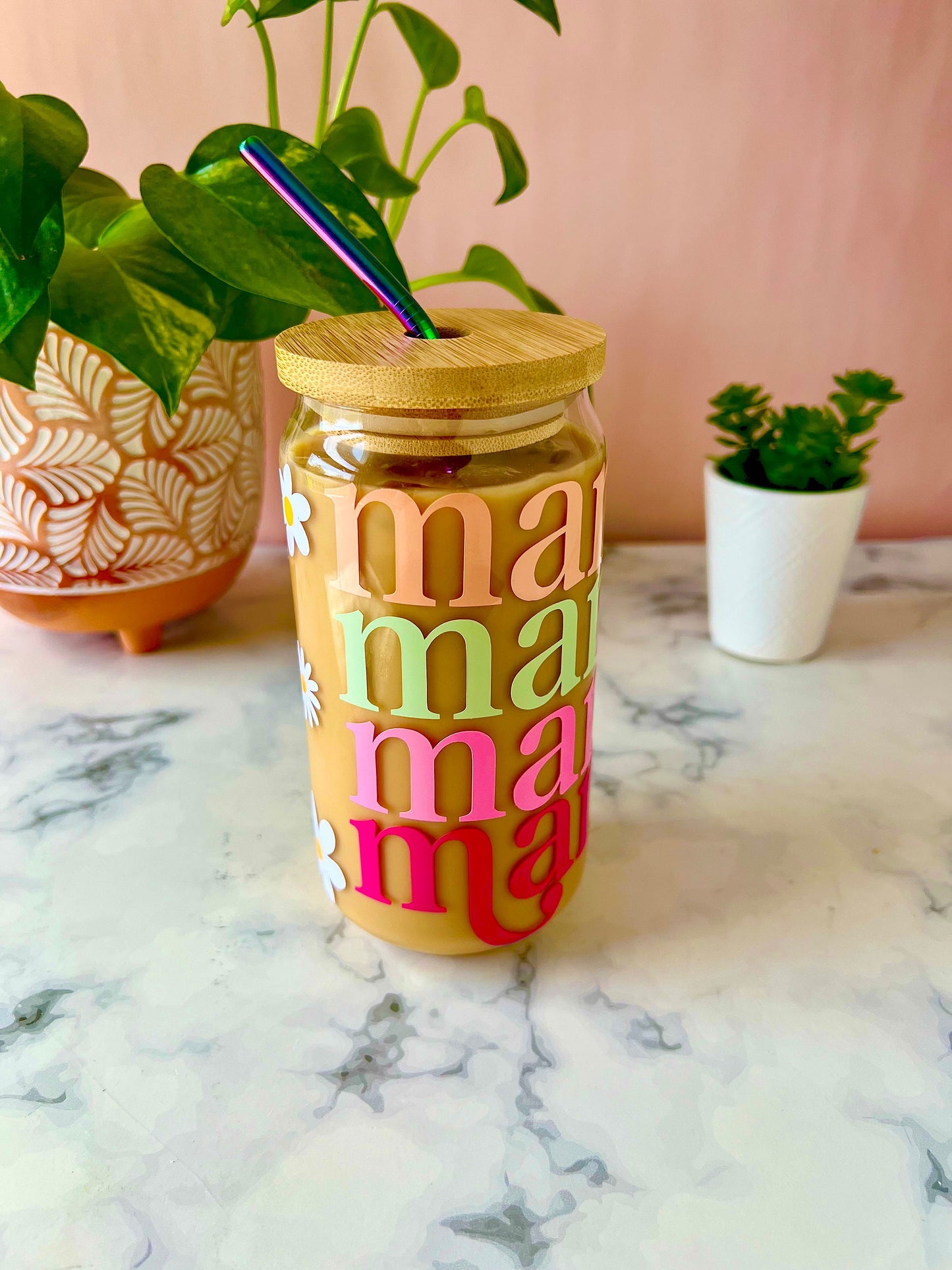 Mama Iced Coffee Cup Beer Can Glass Cup with Lid & Rainbow Metal Straw | Mother’s Day Gift