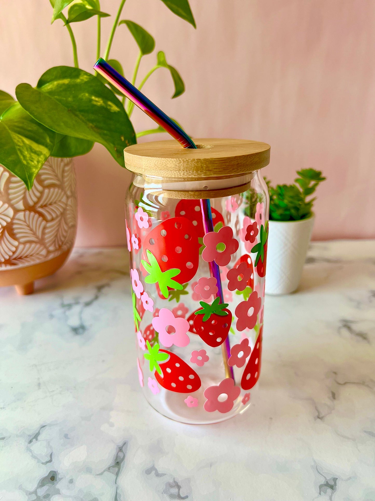 Summer Strawberries Iced Coffee Glass Cup Beer Can Glass Cup with Lid and Rainbow Metal Straw