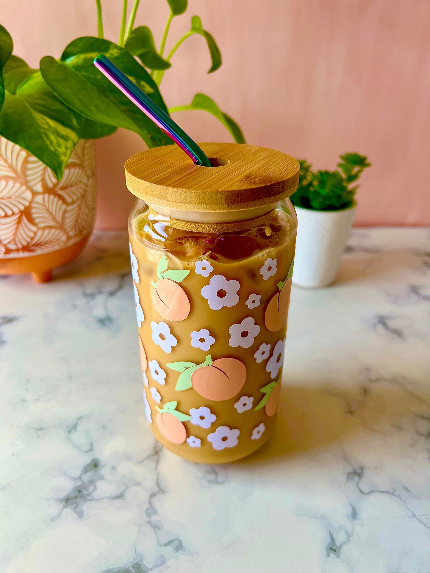 Peaches & White Daisies Iced Coffee Cup Beer Can Glass Cup with Lid and Rainbow Metal Straw