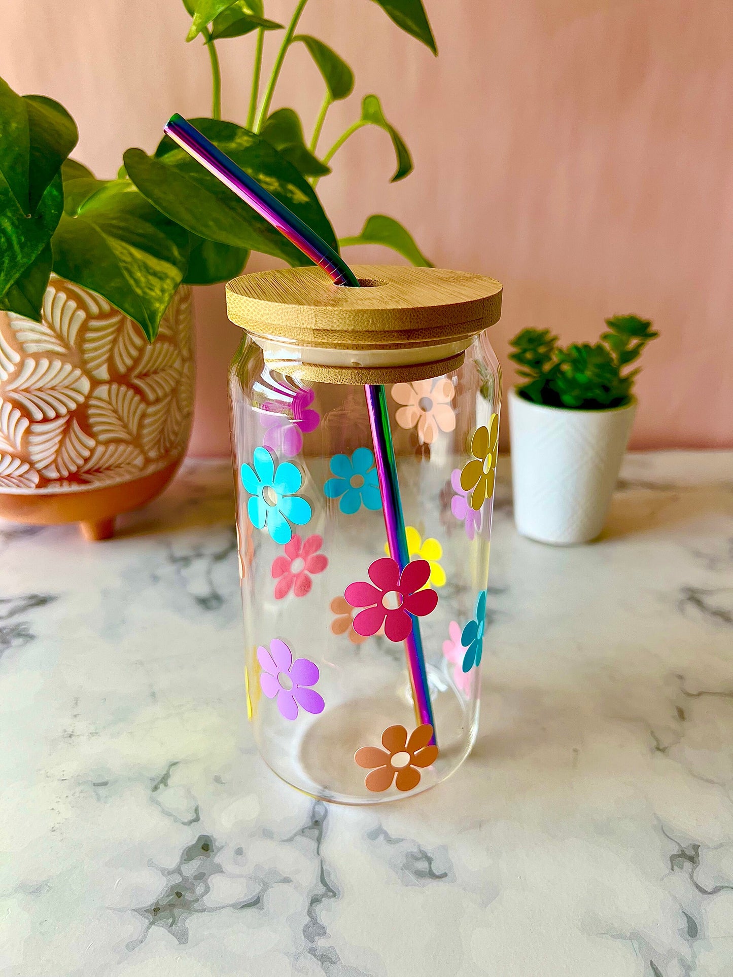 Rainbow Retro Daisy Glass Beer Can Cup Iced Coffee Cup with Lid & Rainbow Metal Straw