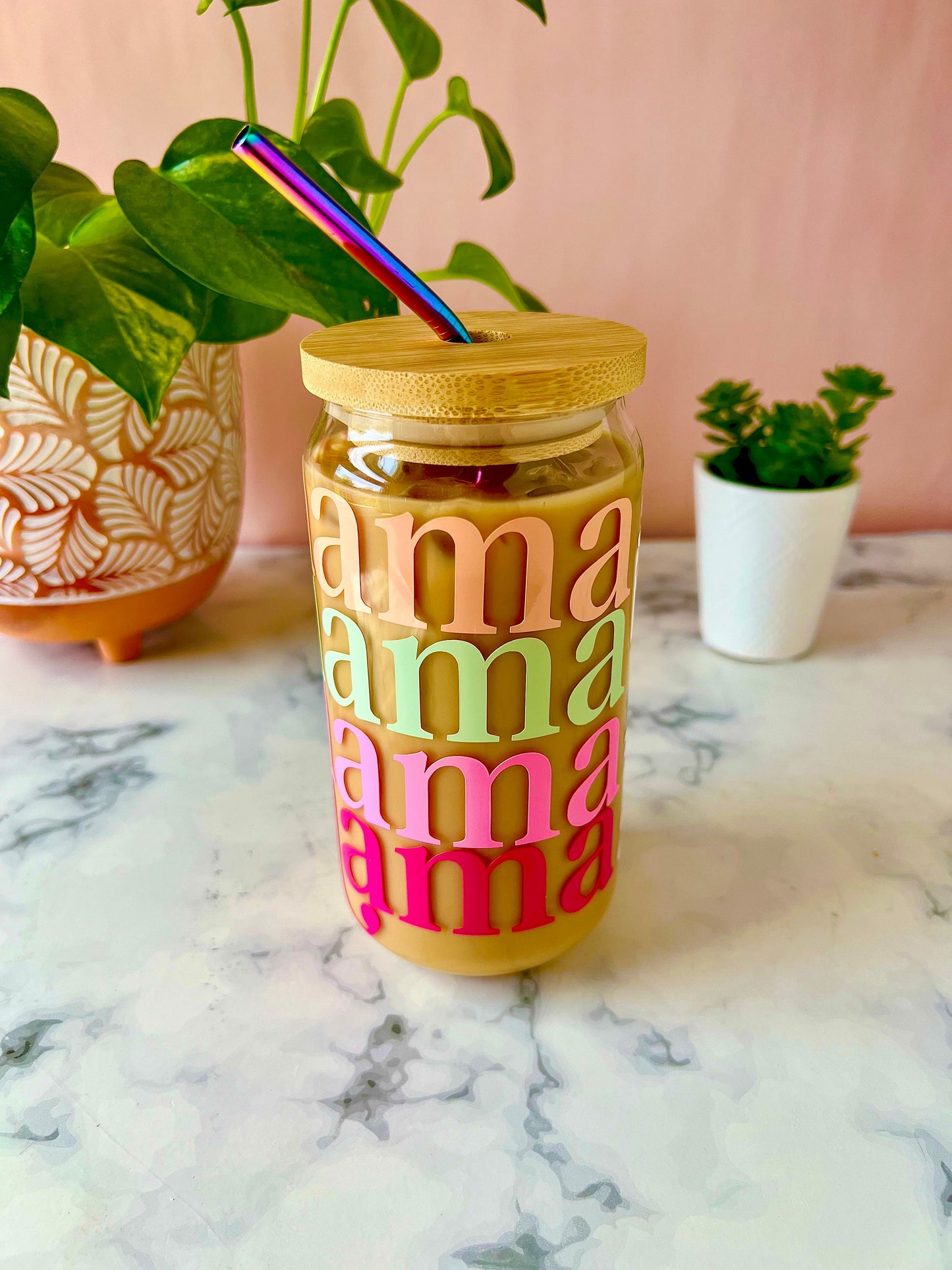 Mama Iced Coffee Cup Beer Can Glass Cup with Lid & Rainbow Metal Straw | Mother’s Day Gift