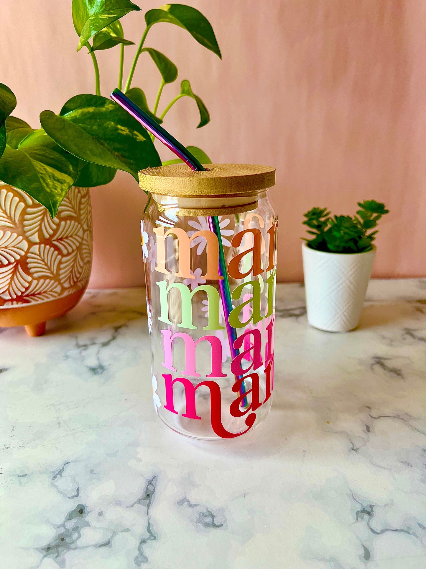 Mama Iced Coffee Cup Beer Can Glass Cup with Lid & Rainbow Metal Straw | Mother’s Day Gift