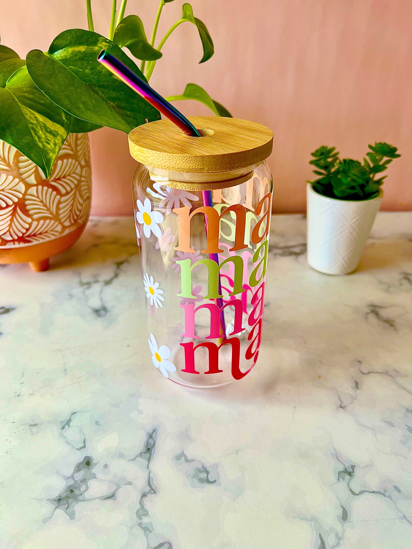 Mama Iced Coffee Cup Beer Can Glass Cup with Lid & Rainbow Metal Straw | Mother’s Day Gift