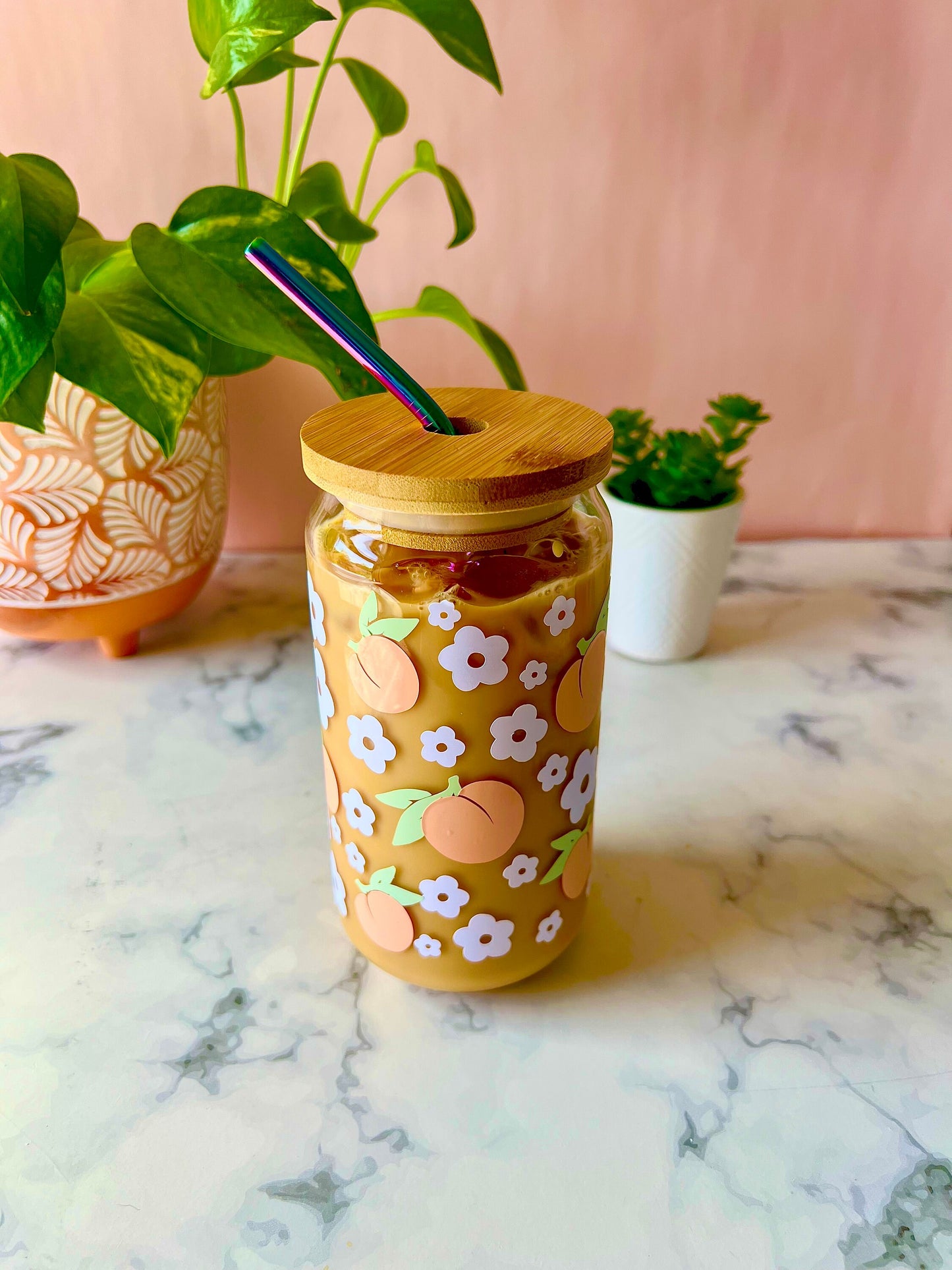 Peaches & White Daisies Iced Coffee Cup Beer Can Glass Cup with Lid and Rainbow Metal Straw