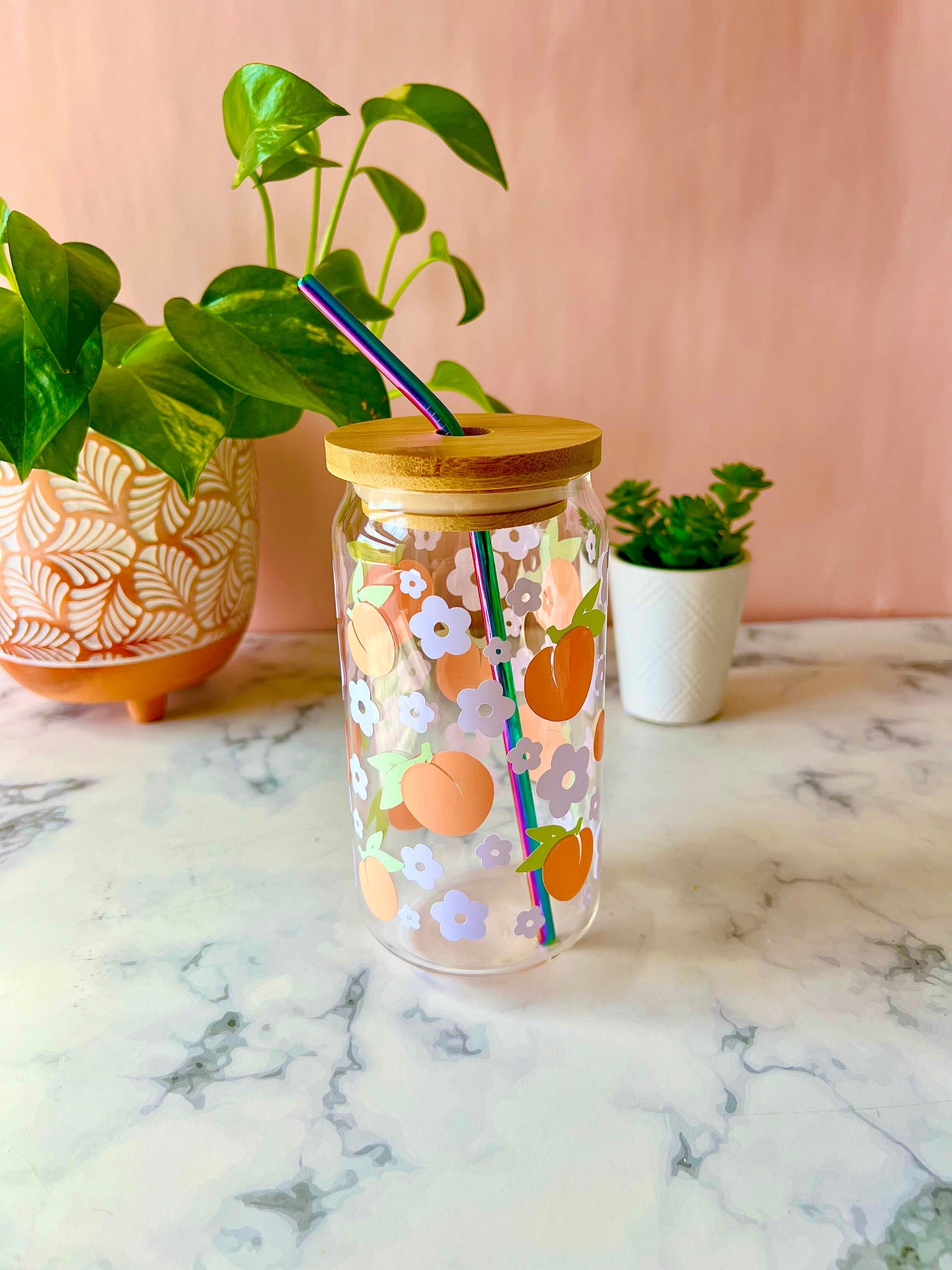 Peaches & White Daisies Iced Coffee Cup Beer Can Glass Cup with Lid and Rainbow Metal Straw