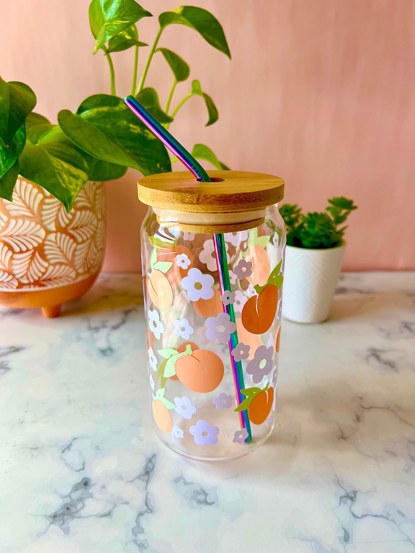 Peaches & White Daisies Iced Coffee Cup Beer Can Glass Cup with Lid and Rainbow Metal Straw