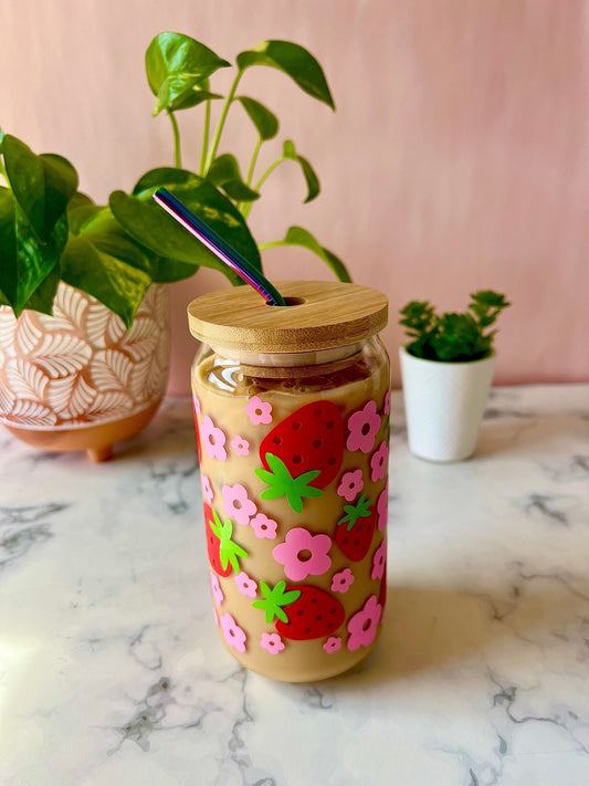 Summer Strawberries Iced Coffee Glass Cup Beer Can Glass Cup with Lid and Rainbow Metal Straw